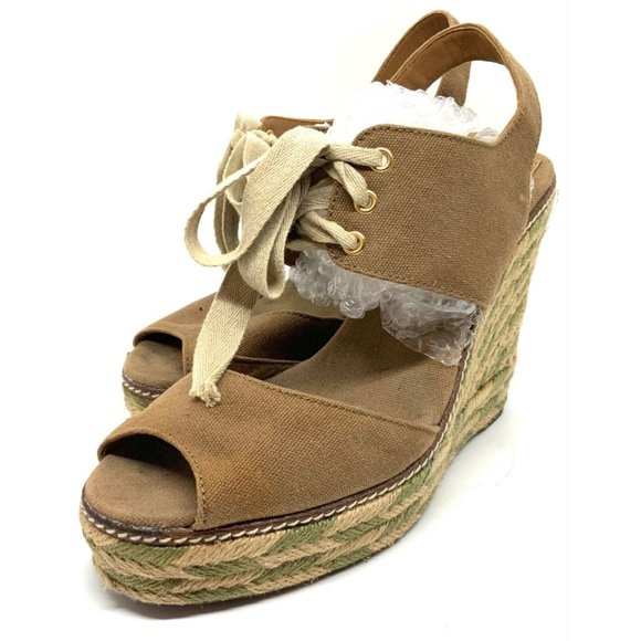 TORY BURCH Platform High Heel Shoes Brown Green Womens Size 10 M Rope Leather - Picture 3 of 11